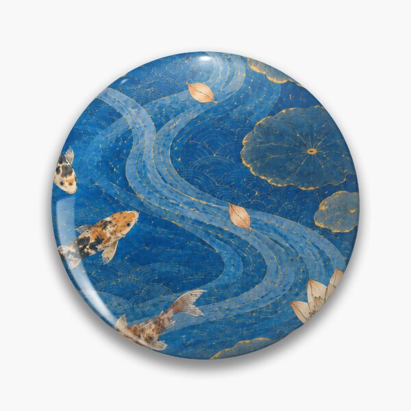 Item preview, Japanese Koi Fish Poster - Lotus Pond with Golden Koi and Indigo Waves, Vintage Ukiyo-e Wall Art Print designed and sold by Wa-iro Studio.