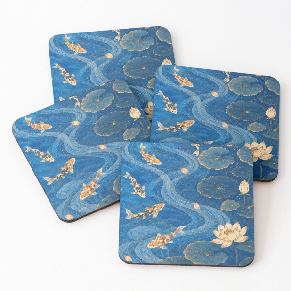 Item preview, Japanese Koi Fish Poster - Lotus Pond with Golden Koi and Indigo Waves, Vintage Ukiyo-e Wall Art Print designed and sold by Wa-iro Studio.