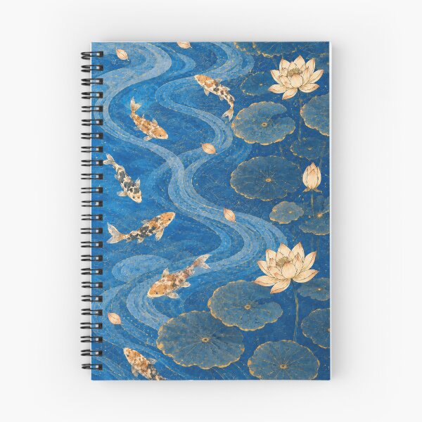 Item preview, Japanese Koi Fish Poster - Lotus Pond with Golden Koi and Indigo Waves, Vintage Ukiyo-e Wall Art Print designed and sold by Wa-iro Studio.