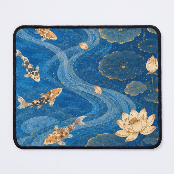 Item preview, Japanese Koi Fish Poster - Lotus Pond with Golden Koi and Indigo Waves, Vintage Ukiyo-e Wall Art Print designed and sold by Wa-iro Studio.