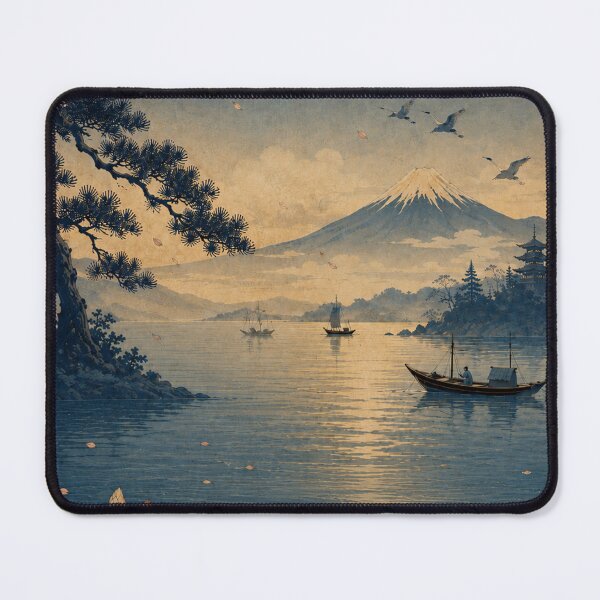 Item preview, Japanese Moonlit Landscape Poster - Full Moon over Mt Fuji with Cherry Blossoms, Temple & Koi, Vintage Ukiyo-e Wall Art designed and sold by Wa-iro Studio.
