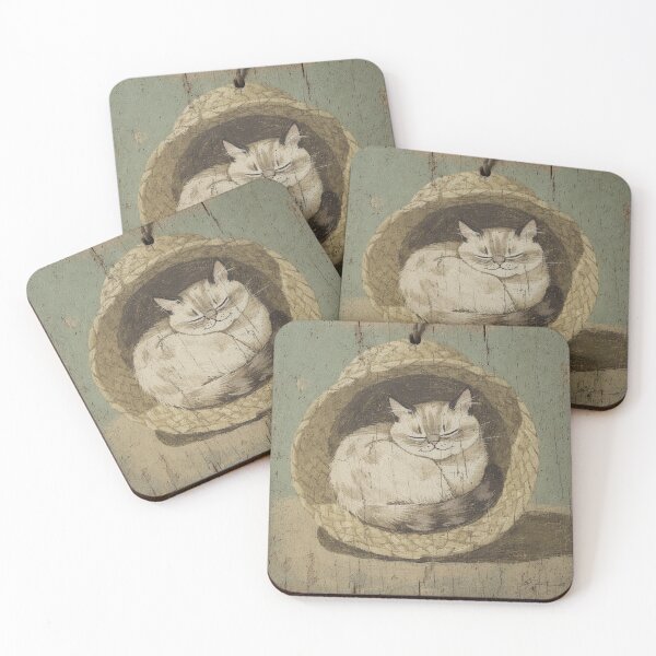 Item preview, Sleepy Birman Cat Curled in a Straw Hat Folk Art designed and sold by PictorialWhimsy.