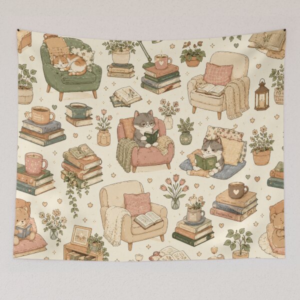 Item preview, Cozy Reading Nook with Cute Cats designed and sold by 0606PM.