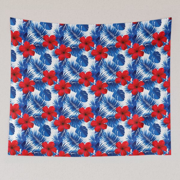 Item preview, Vibrant Red Hibiscus And Blue Foliage Pattern designed and sold by igraphixart.