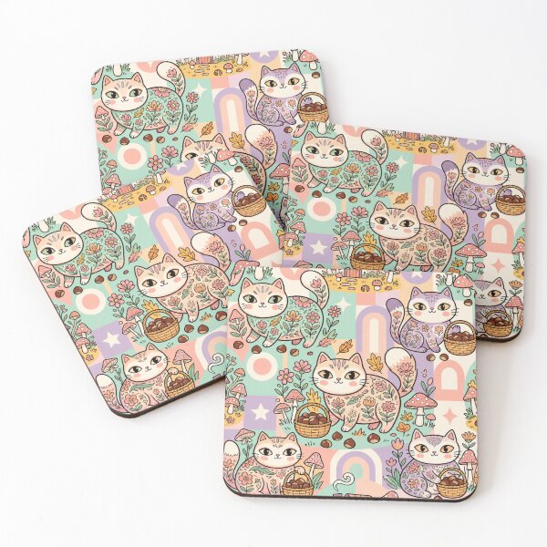 Item preview, Pastel Folk Art Cats in Rainbow Garden | Cottagecore Floral Pattern designed and sold by Iampoji.