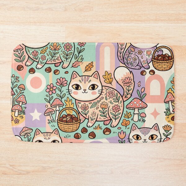 Item preview, Pastel Folk Art Cats in Rainbow Garden | Cottagecore Floral Pattern designed and sold by Iampoji.