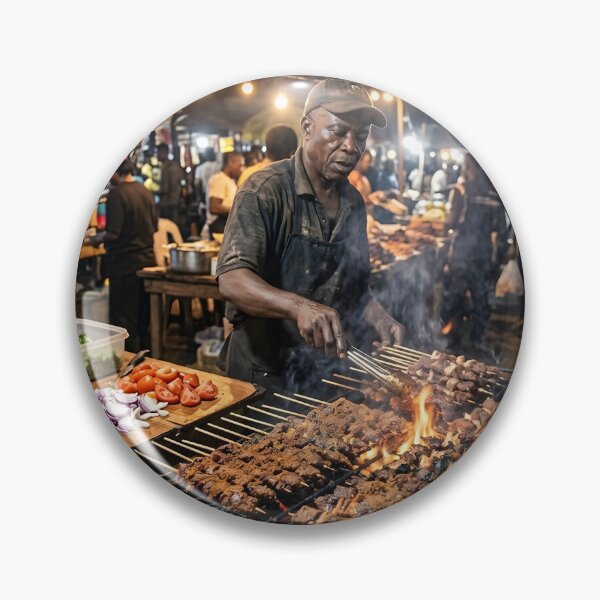 Item preview, African Street Food Vendor Grilling Suya at Night Market designed and sold by SavannaCanvas.