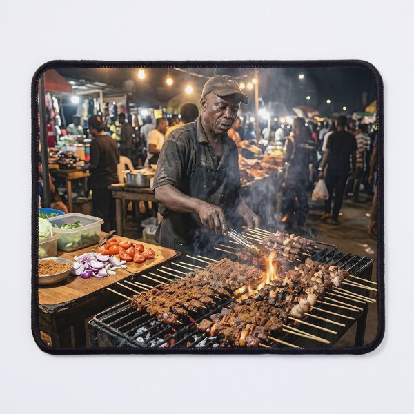 Item preview, African Street Food Vendor Grilling Suya at Night Market designed and sold by SavannaCanvas.