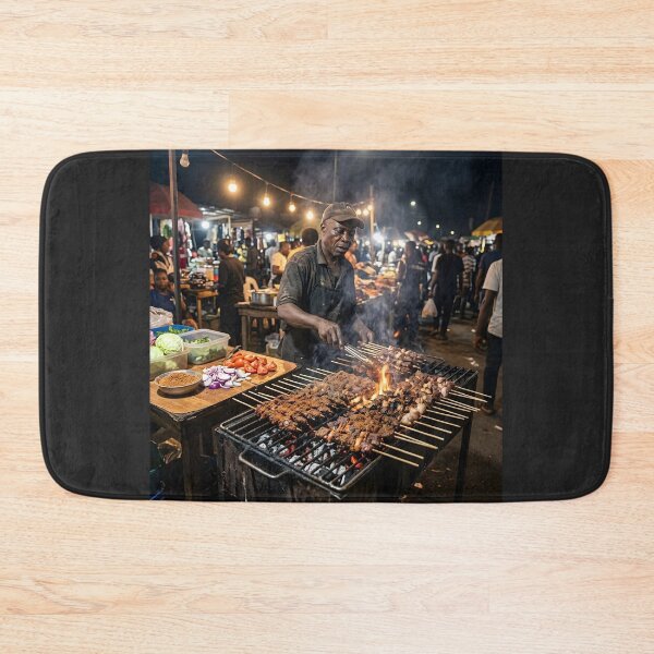 Item preview, African Street Food Vendor Grilling Suya at Night Market designed and sold by SavannaCanvas.