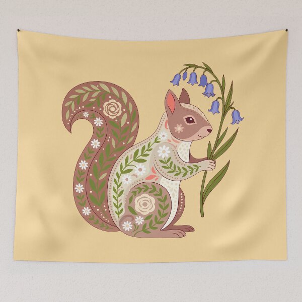 Item preview, Floral Folk Art Squirrel Holding Bluebells – Scandinavian Folk Art by heidiannemorris © designed and sold by FOLK ART FUSION by heidiannemorris.