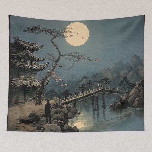 Item preview, Traditional Japanese Illustration - Mysterious Man Following a Girl on a Bridge on a Full Moon Night designed and sold by DaisukiTokyo.