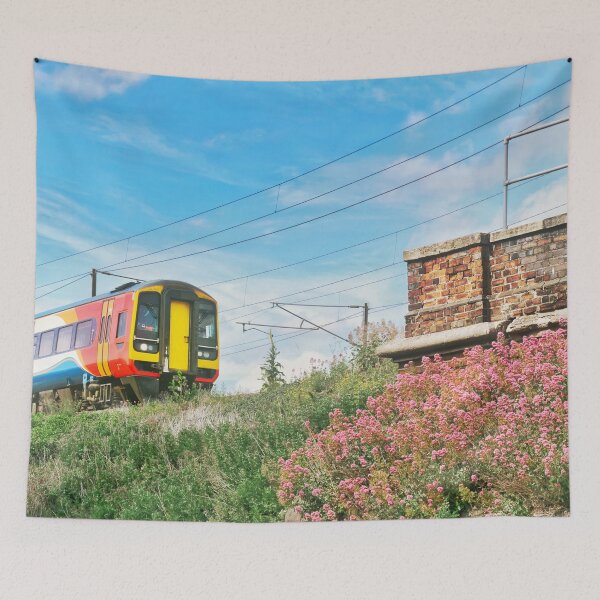 Item preview, Train bright blue sky purple flowers designed and sold by GingaDesigns.