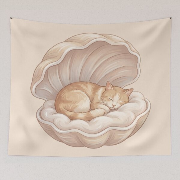 Item preview, Cozy Cat in Bed: Sleeping Seashell Pearl designed and sold by MythicCotton.