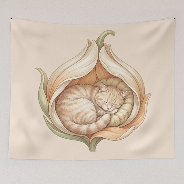 Item preview, Cozy Cat in Bed: Sleeping Botanical Kitten designed and sold by MythicCotton.