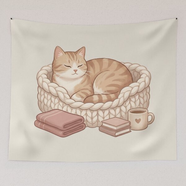 Item preview, Cozy Cat in Bed: Chunky Knit & Coffee Vibes designed and sold by MythicCotton.