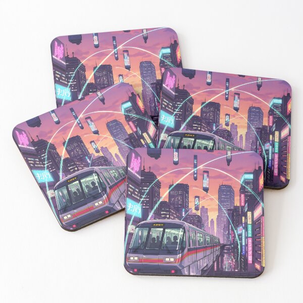 Item preview, Neon Train & Light Beams | Anime Cyberpunk City Sunset Aesthetic designed and sold by theloomvale.