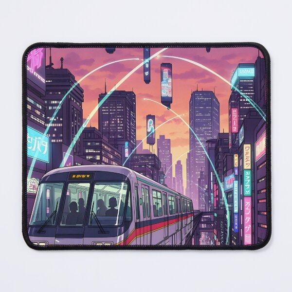 Item preview, Neon Train & Light Beams | Anime Cyberpunk City Sunset Aesthetic designed and sold by theloomvale.