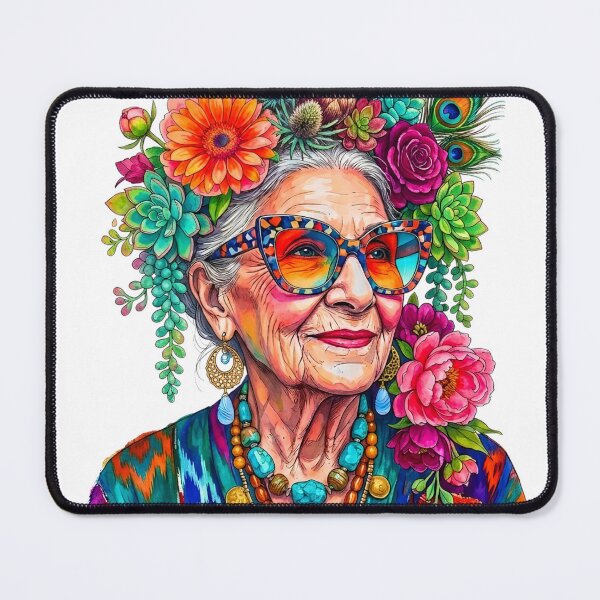 Item preview, Colorful Boho Hippie Grandma with Succulent Flower Crown & Retro Glasses designed and sold by Melian Vintage.