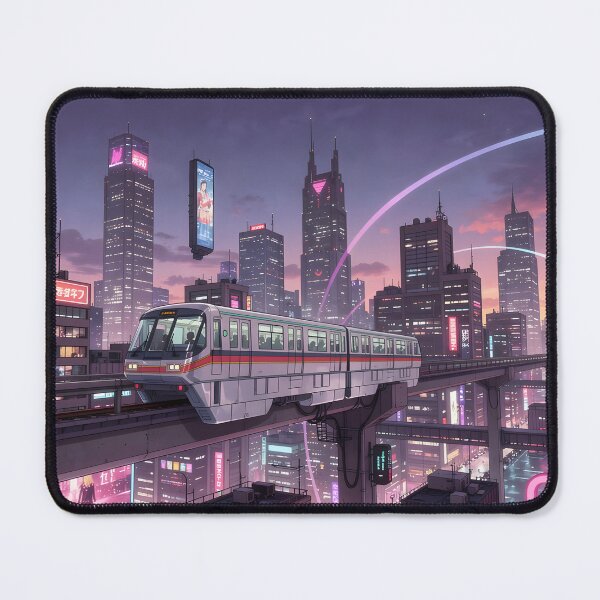 Item preview, Cyberpunk Train City Wide Print | Anime Neon Light Beams Sunset Landscape designed and sold by theloomvale.