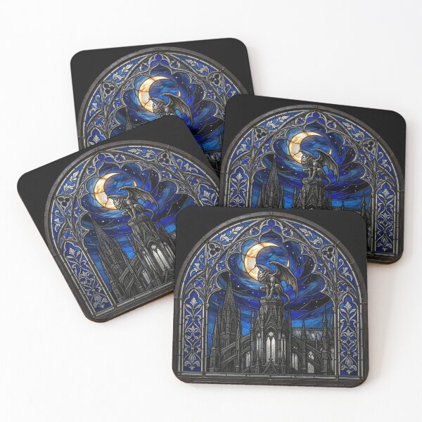 Item preview, Gothic Cathedral Under the Moon — Blue Stained Glass Gargoyle Scene designed and sold by David Mateo ArtWorks.