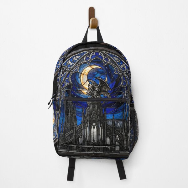 Item preview, Gothic Cathedral Under the Moon — Blue Stained Glass Gargoyle Scene designed and sold by David Mateo ArtWorks.