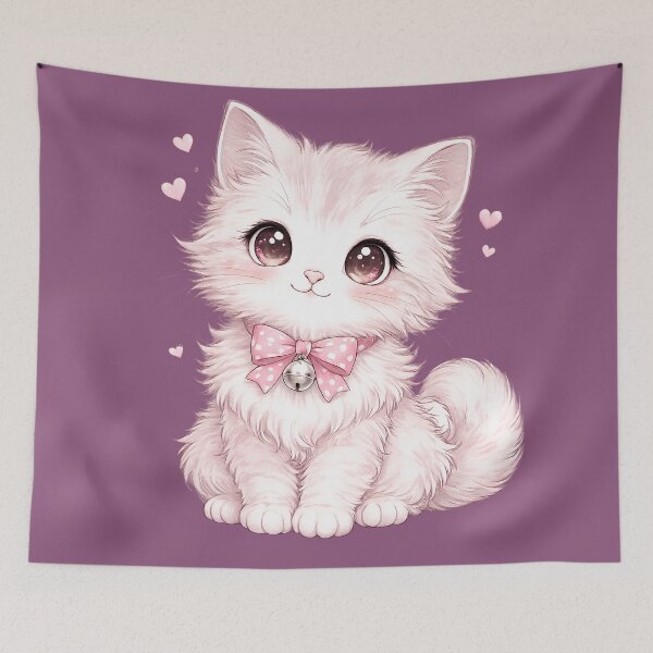 Item preview, Cute Kawaii Fluffy White Kitten with Pink Bow designed and sold by digitalbob60.