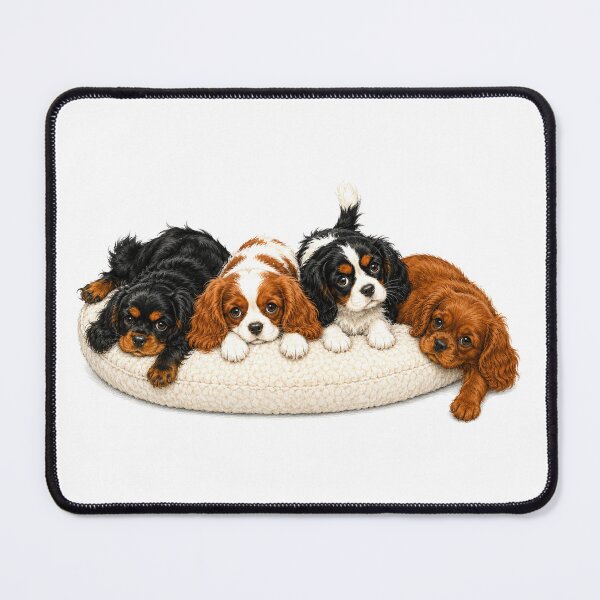 Item preview, Cavalier King Charles Spaniel Puppies Cuddling on Cushion Too Cute to Fit designed and sold by SakuraWaStyle.