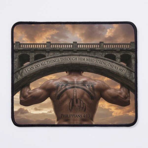 Item preview, Philippians 4:13 Muscular Man Holding Bridge Tattoo designed and sold by Pioneer Spirit Market.