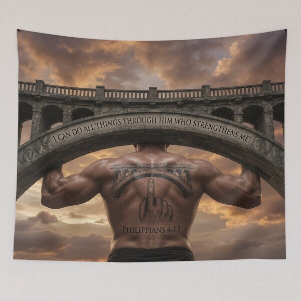 Item preview, Philippians 4:13 Muscular Man Holding Bridge Tattoo designed and sold by Pioneer Spirit Market.