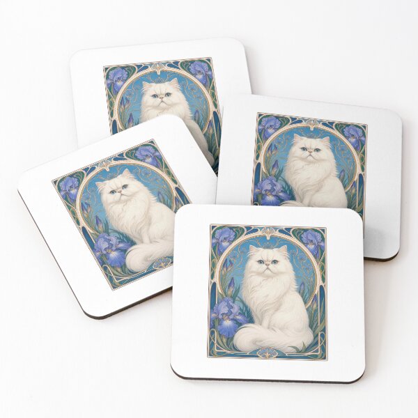 Item preview, White Persian Cat Art Nouveau Irises designed and sold by AntiqueImages.