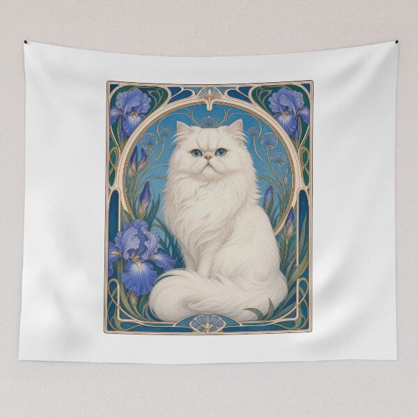 Item preview, White Persian Cat Art Nouveau Irises designed and sold by AntiqueImages.