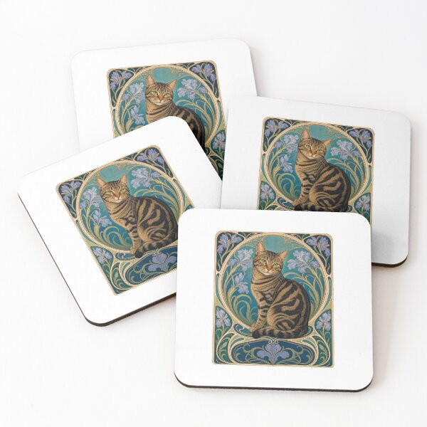 Item preview, Tabby Cat Art Nouveau Iris Floral designed and sold by AntiqueImages.