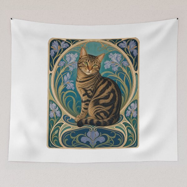 Item preview, Tabby Cat Art Nouveau Iris Floral designed and sold by AntiqueImages.