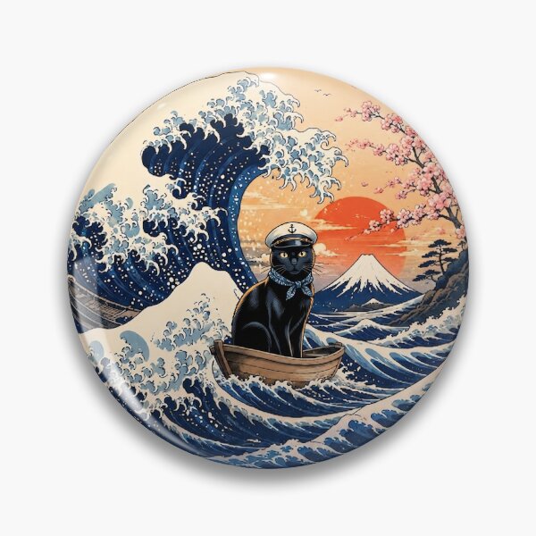 Item preview, Funny Black Cat Captain Japanese Kanagawa Wave Japan Boat Mom Dad Kids designed and sold by FurryHavenPH.