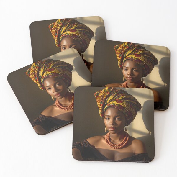Item preview, Elegant African Woman in Gele and Coral Beads designed and sold by SavannaCanvas.