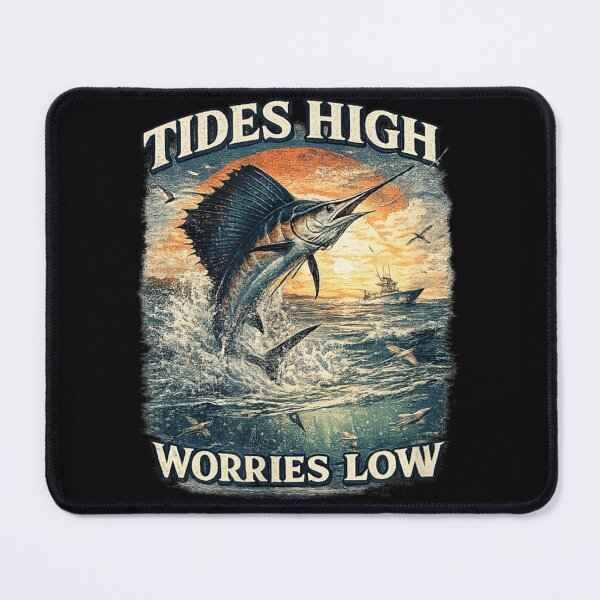 Item preview, Vintage Tides High Worries Low Deep Sea Fishing Sailfish Marlin Ocean Sunset designed and sold by River Silva.