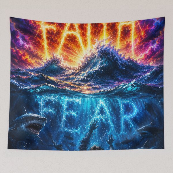 Item preview, Faith Over Fear Stormy Ocean Sharks designed and sold by Pioneer Spirit Market.