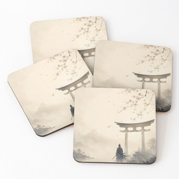 Item preview, Samurai Torii Gate Poster – Minimal Japanese Warrior, Mount Fuji & Cherry Blossom Art designed and sold by Yuzanart-japan.