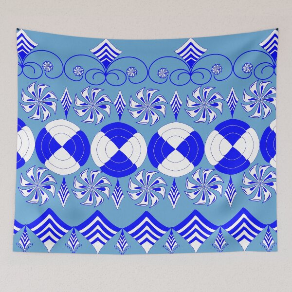 Item preview, Indigo Ornamental Geometric Textile Pattern with Floral and Scroll Motifs designed and sold by Ei-Ei.