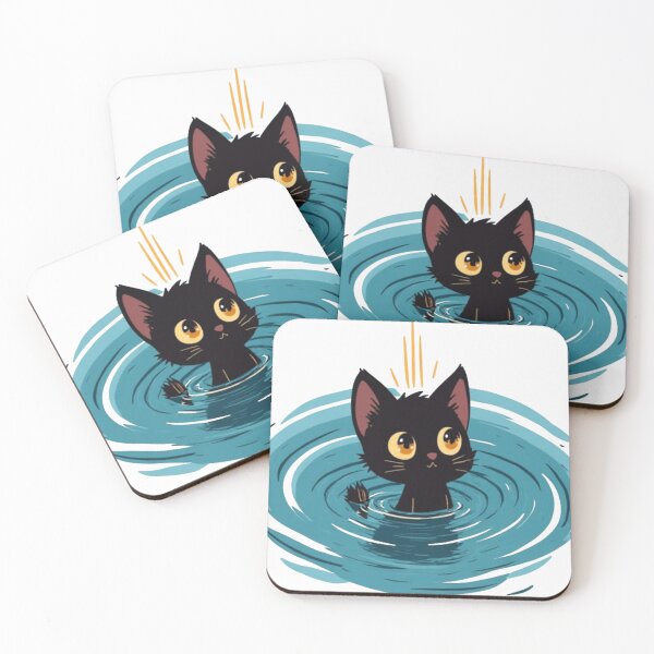 Item preview, Chibi Black Cat in Swirling Blue Water with Golden Sunlight designed and sold by AnniMirth.
