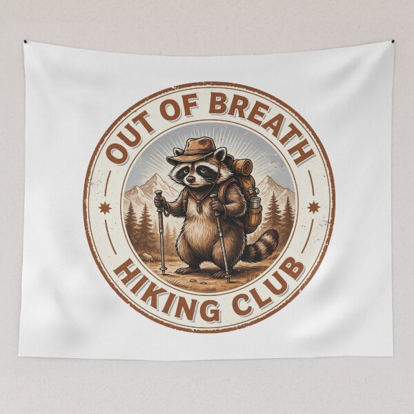 Item preview, Out of Breath Hiking Club Funny Raccoon Hiker Badge Design designed and sold by Gabe1983.