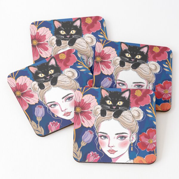 Item preview, Floral Portrait - Woman with Black Cat Art designed and sold by QQQueen.