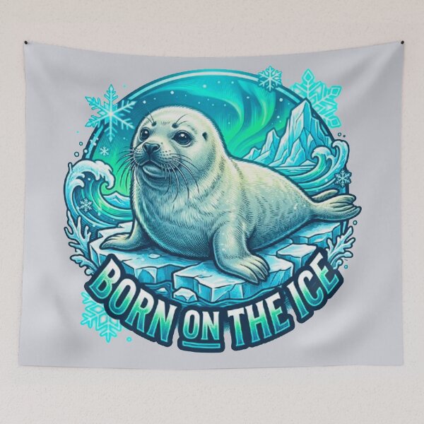 Item preview, Born On The Ice Cute Harp Seal Aurora Borealis Vintage Retro Badge designed and sold by MT-Hub | Art for Every Soul.