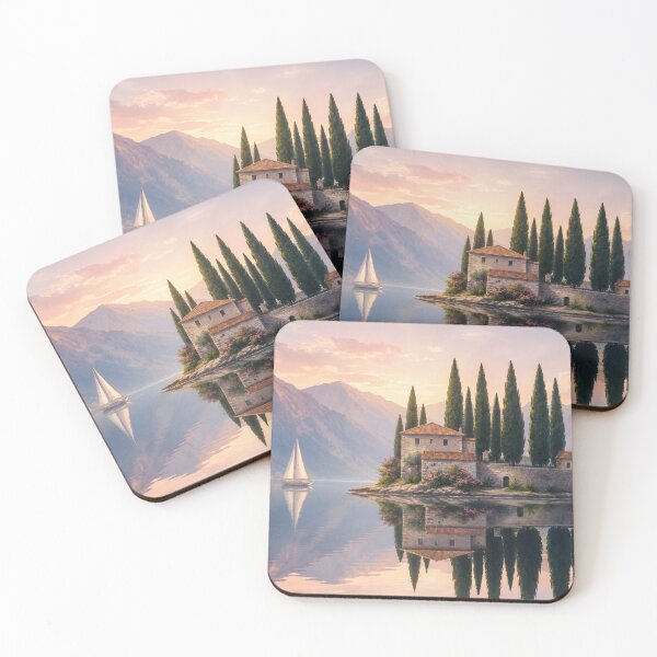 Item preview, Serene Lakeside Villa with Cypress Trees and Sunset Reflections designed and sold by Divinedesignbydulce.