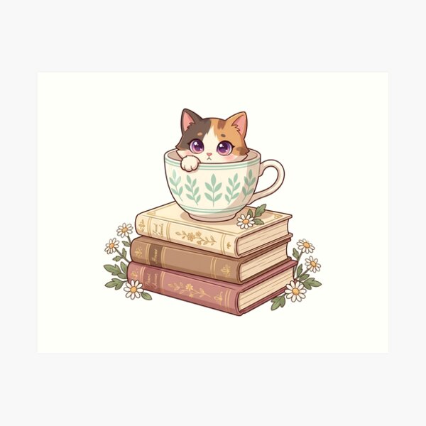 Item preview, Cute Calico Cat in Teacup - Cozy Bookworm Aesthetic designed and sold by CaliLuminos.