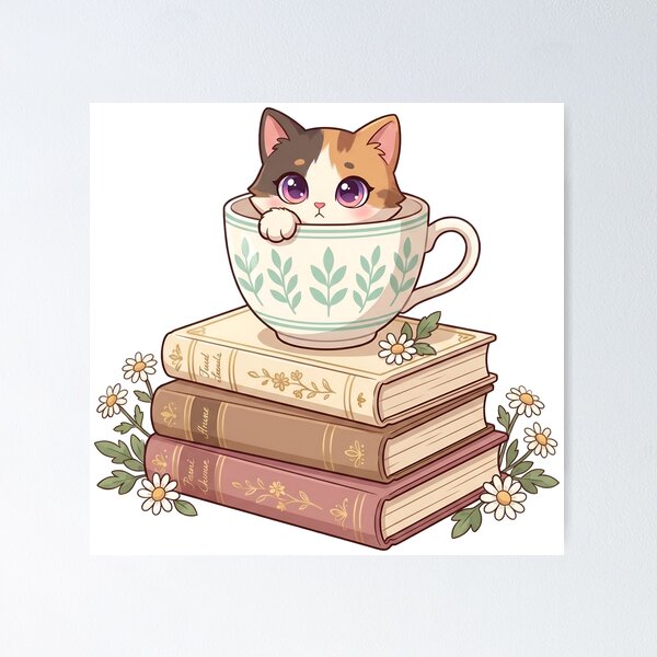 Item preview, Cute Calico Cat in Teacup - Cozy Bookworm Aesthetic designed and sold by CaliLuminos.