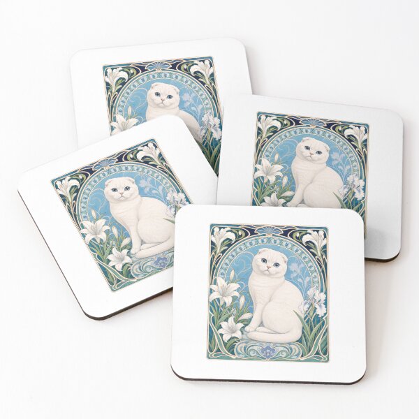 Item preview, White Scottish Fold Cat Blue Eyes Art Nouveau designed and sold by AntiqueImages.