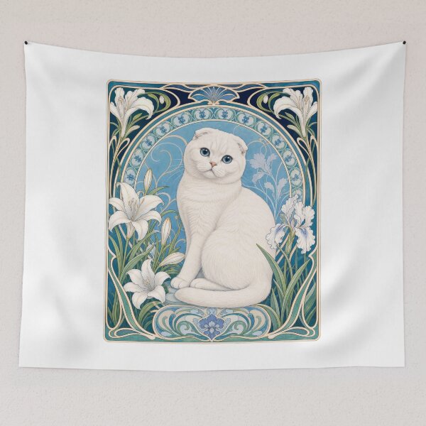 Item preview, White Scottish Fold Cat Blue Eyes Art Nouveau designed and sold by AntiqueImages.