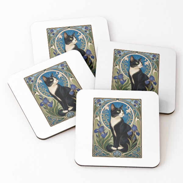 Item preview, Art Nouveau Tuxedo Cat Elegant Floral designed and sold by AntiqueImages.