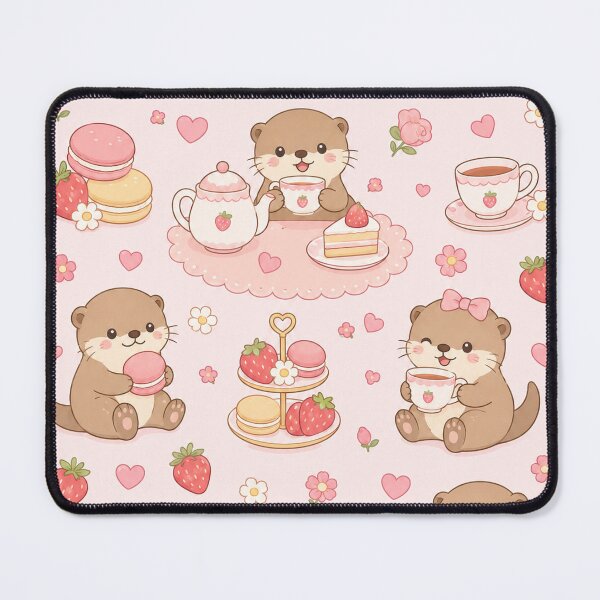 Item preview, Otter Strawberry Tea Party Kawaii Pattern designed and sold by Soft Berry Studio.